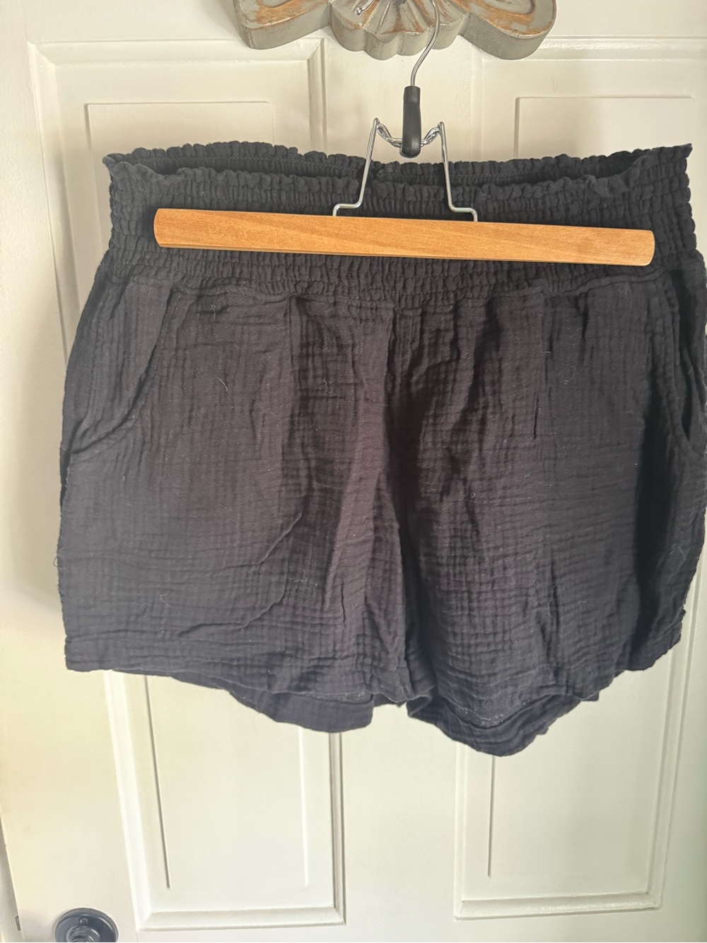 Three Dots Black High-Waist Smocked Shorts